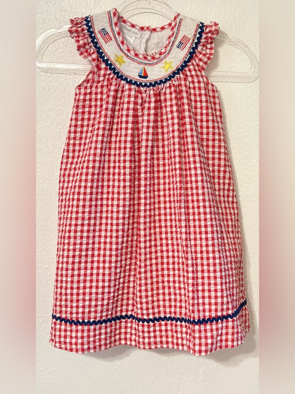 Bonnie Jean Red and White Gingham Smocked Sailboat/Flags Dress